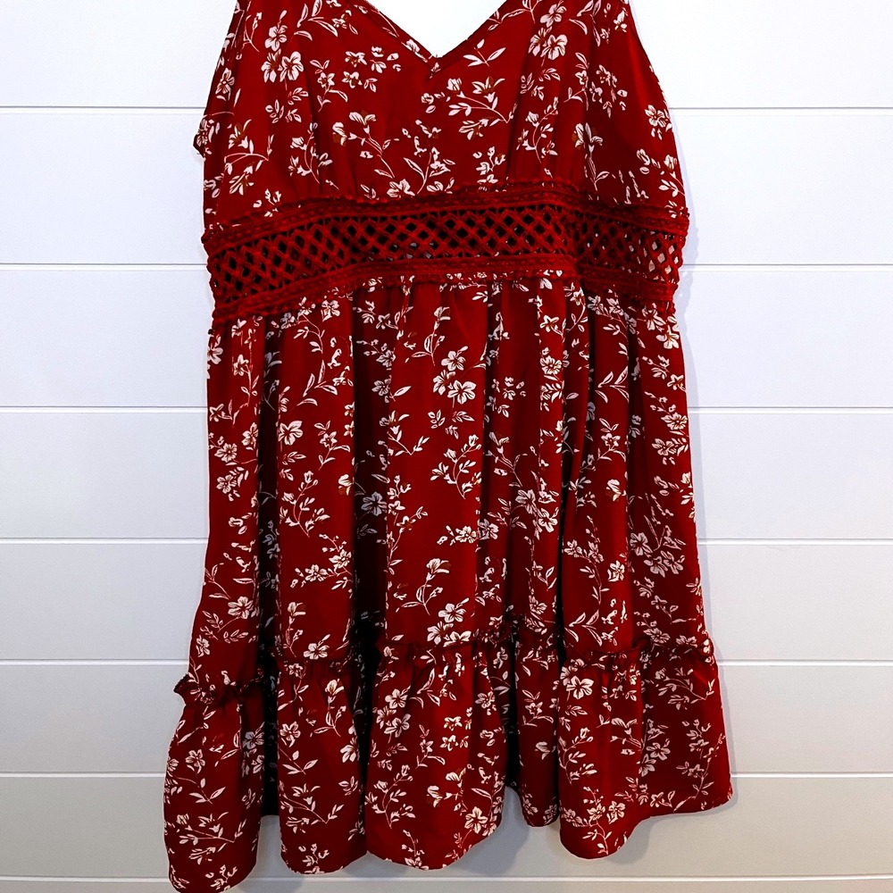 Womens Red Floral Print Mini Dress Spaghetti Straps Crochet Summer Sundress L - Picture 4 of 12